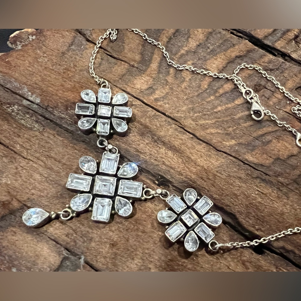 Artisan Vintage Sterling Necklace Statement Clear White Glass Crystals Choker 16
